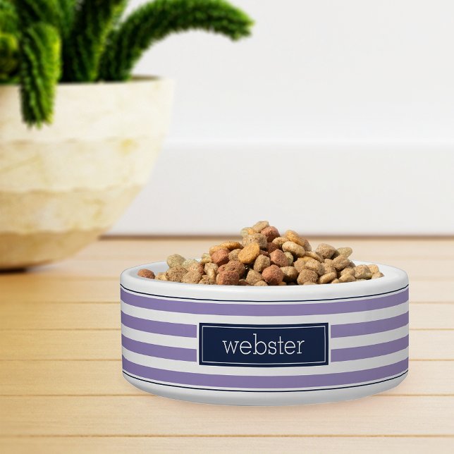 Preppy Personalized Purple & Navy Stripe Pet Bowl (Creator Uploaded)