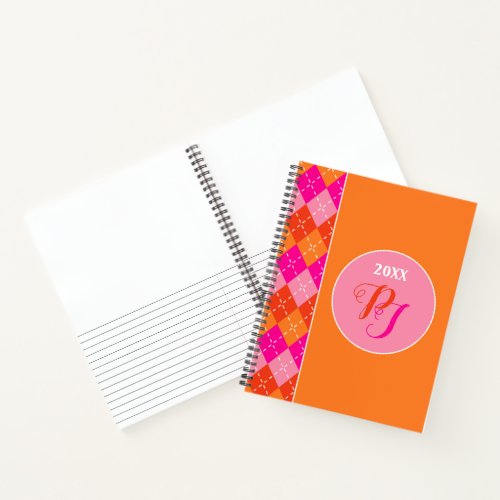 Preppy Personalized Sporty Pink and Orange Argyle Notebook