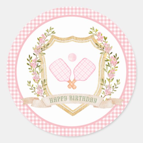 Preppy Pickle Ball Happy Birthday  Classic Round Sticker