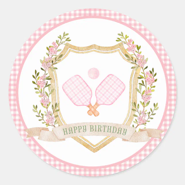 Preppy Pickle Ball Happy Birthday Classic Round Sticker | Zazzle