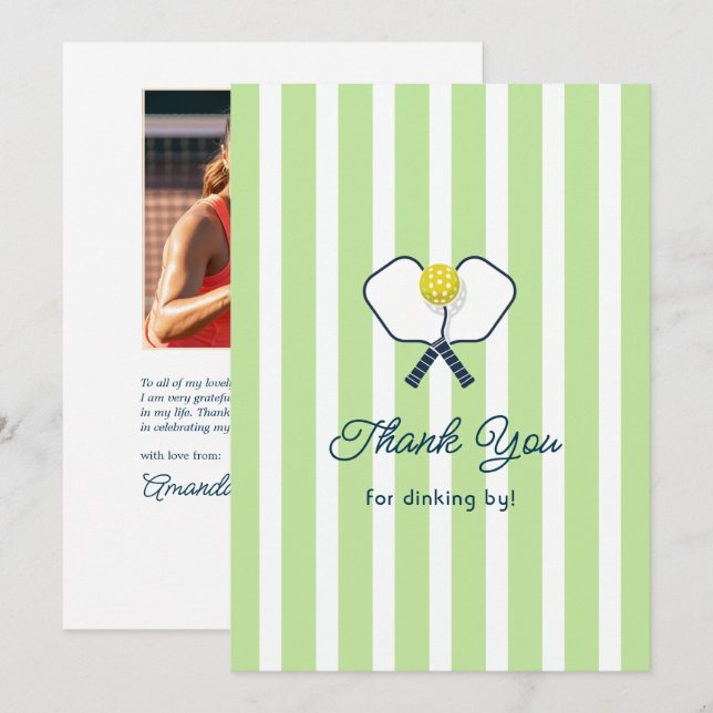 Preppy Pickleball Birthday Photo Thank You Card (Front/Back)