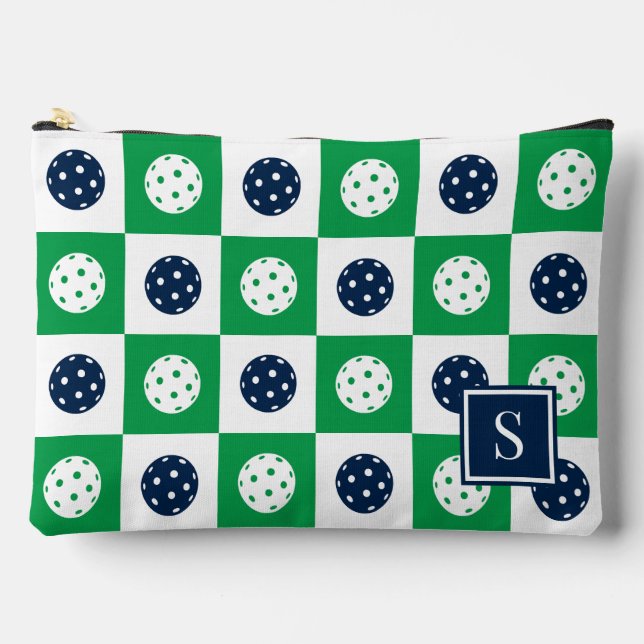 Preppy Pickleball Checkerboard - Green & Navy Accessory Pouch (Front)