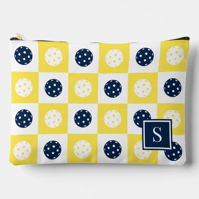 Preppy Pickleball Checkerboard - Navy & Yellow Accessory Pouch (Front)