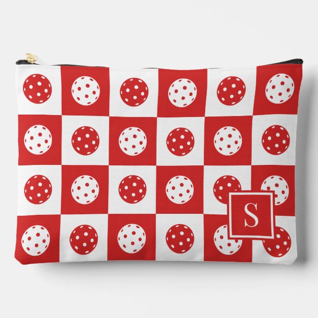 Preppy Pickleball Checkerboard - Red & White Accessory Pouch (Front)