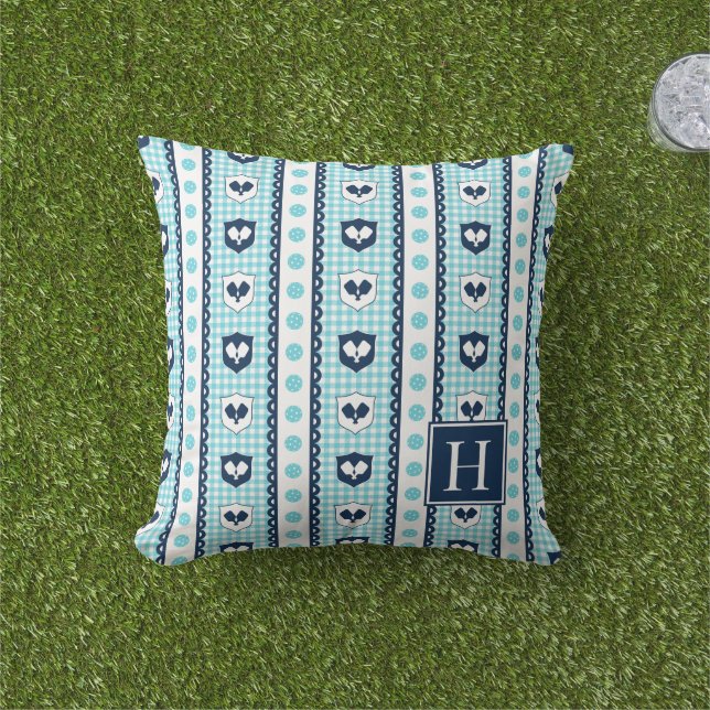 Preppy Pickleball Crest Gingham - Navy & Turquoise Outdoor Pillow (Grass)