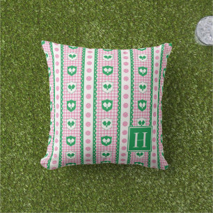 Preppy Pickleball Crest Gingham - Pink & Green Outdoor Pillow