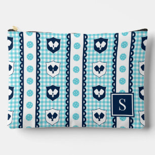 Preppy Pickleball Crest Gingham - Turquoise & Navy Accessory Pouch