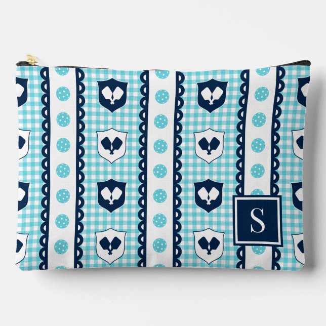 Preppy Pickleball Crest Gingham - Turquoise & Navy Accessory Pouch (Front)