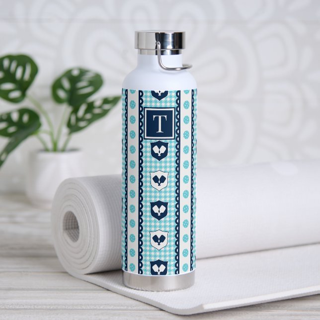 Preppy Pickleball Crest Gingham - Turquoise & Navy Water Bottle (Yoga)