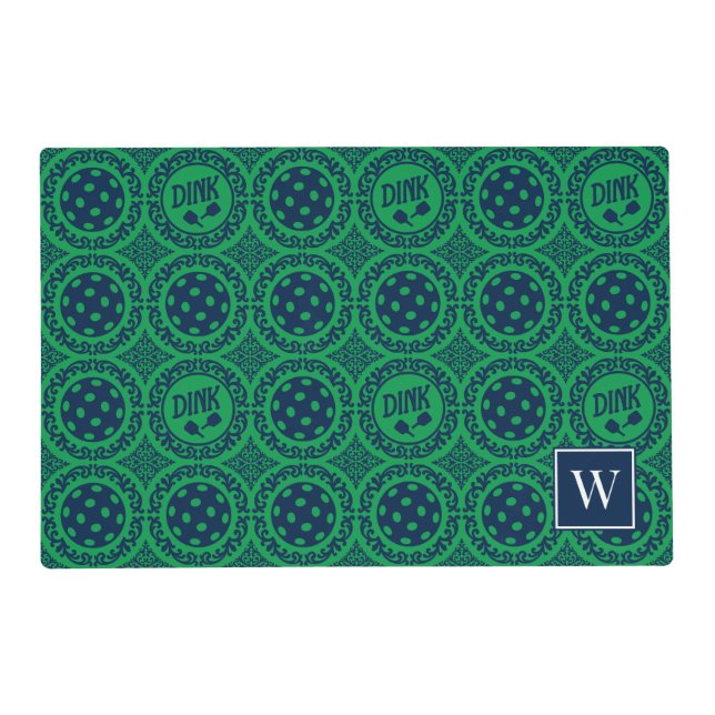 Preppy Pickleball Damask – Green & Navy Dink    Placemat (Front)