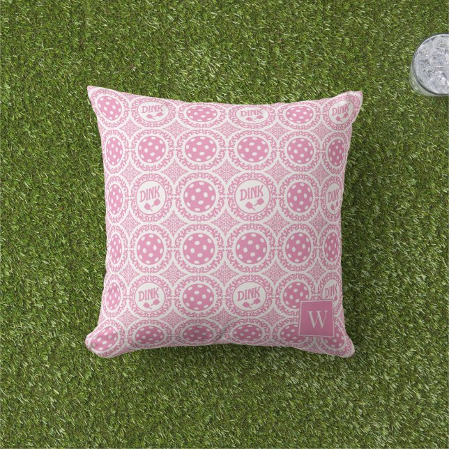 Preppy Pickleball Damask – Pink Dink Motif   Outdoor Pillow (Grass)