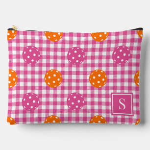 Preppy Pickleball Gingham Hot Pink Orange Monogram Accessory Pouch