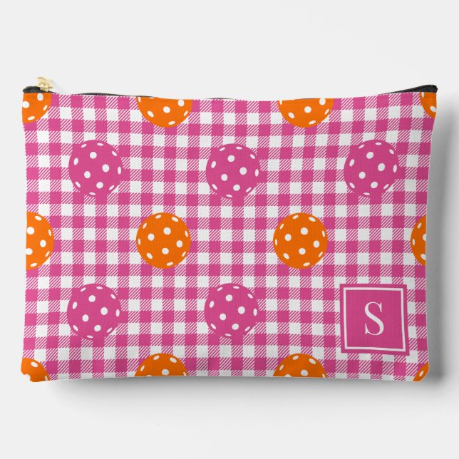 Preppy Pickleball Gingham Hot Pink Orange Monogram Accessory Pouch (Front)