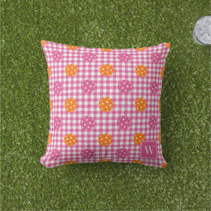 Preppy Pickleball Gingham – Hot Pink & Orange Outdoor Pillow