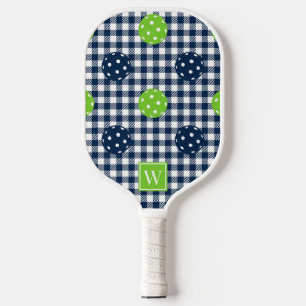 Preppy Pickleball Gingham - Navy & Lime Monogram Paddle