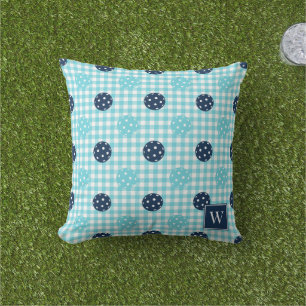 Preppy Pickleball Gingham – Navy & Turquoise Outdoor Pillow