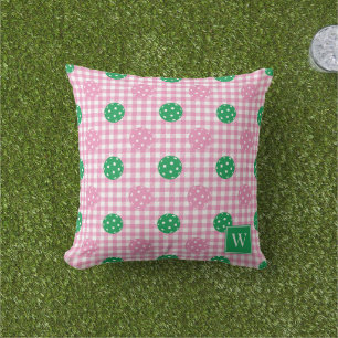 Preppy Pickleball Gingham – Pink & Green Outdoor Pillow