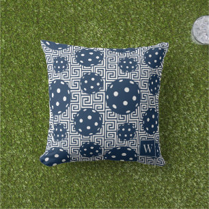 Preppy Pickleball Greek Key – Navy & White Outdoor Pillow