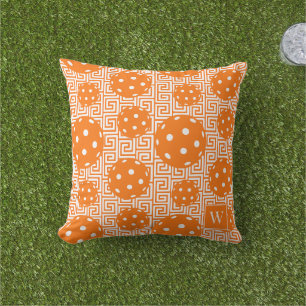 Preppy Pickleball Greek Key – Orange & White Outdoor Pillow