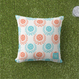 Preppy Pickleball Laurel Wreath – Coral Turquoise Outdoor Pillow