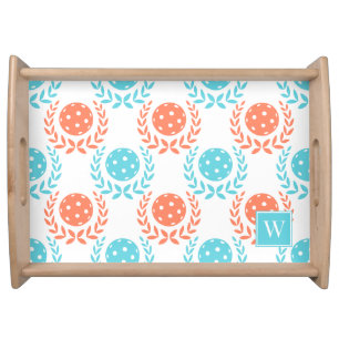 Preppy Pickleball Laurel Wreath – Coral  Turquoise Serving Tray
