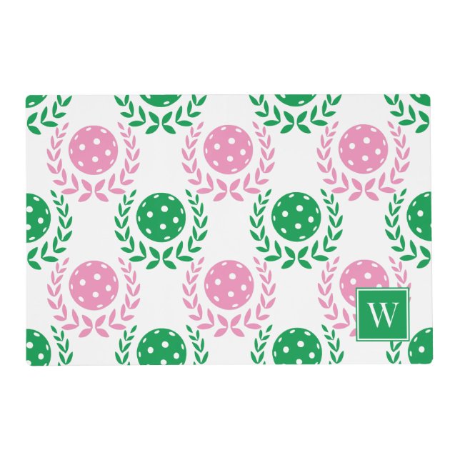 Preppy Pickleball Laurel Wreath – Green & Pink Placemat (Front)