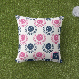 Preppy Pickleball Laurel Wreath –Navy & Hot Pink Outdoor Pillow