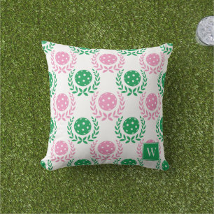 Preppy Pickleball Laurel Wreath – Pink & Green Outdoor Pillow