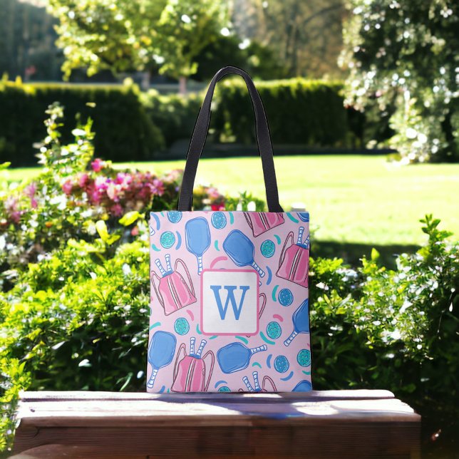 Preppy Pickleball Pattern Monogram Pink Tote Bag (Creator Uploaded)