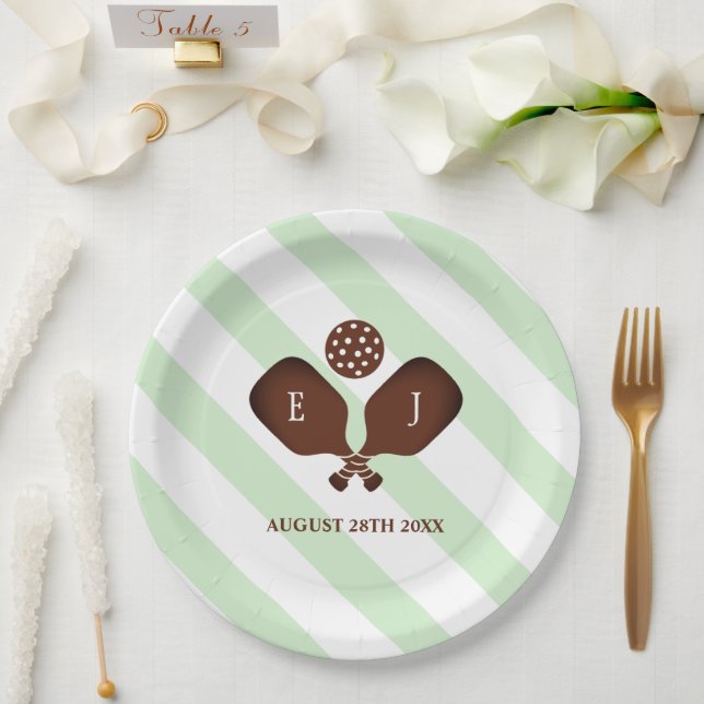 Preppy Pickleball Stripes Wedding Paper Plates (Wedding)