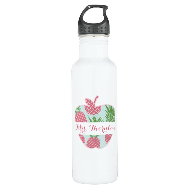 Preppy Pineapple Apple Personalized Teacher Water Bottle (Front)