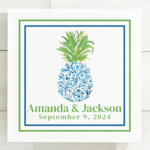 Preppy Pineapple Chinoiserie Border Wedding Napkins