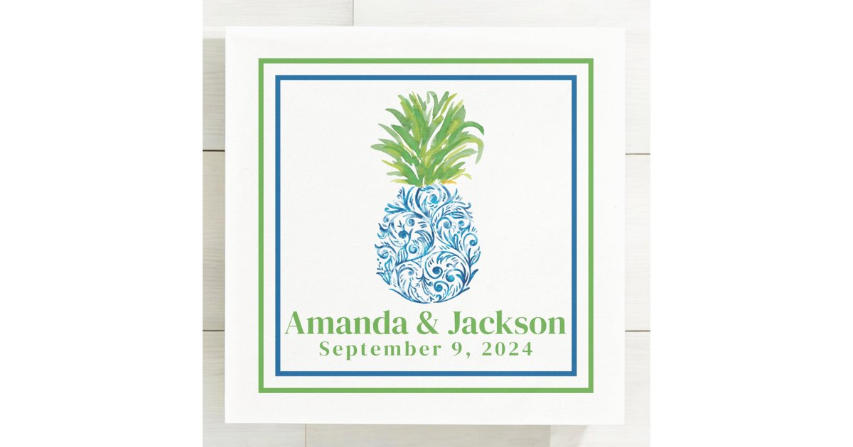 Preppy Pineapple Chinoiserie Border Wedding Napkins | Zazzle
