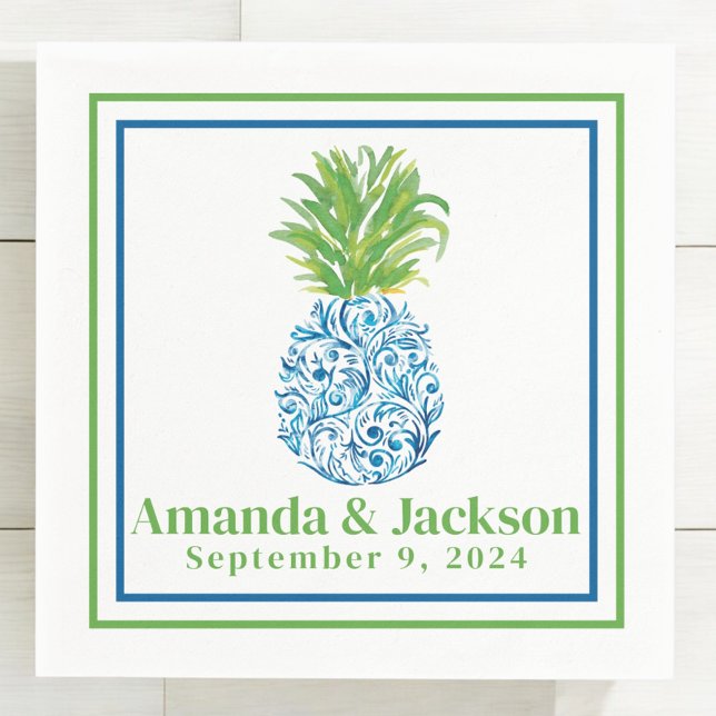 Preppy Pineapple Chinoiserie Border Wedding Napkins (Creator Uploaded)
