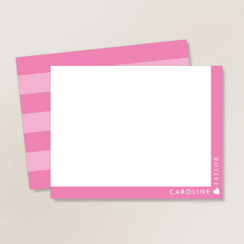 Preppy Pink 2_Tone Stripes Cute Girly Personalized Note Card