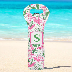 Preppy Pink Alligator Monogram   Palm Leaves Wine Bag