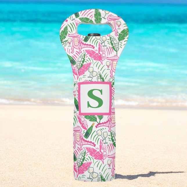 Preppy Pink Alligator Monogram | Palm Leaves Wine Bag (Creator Uploaded)