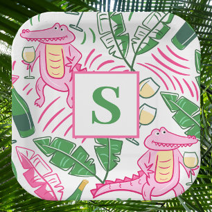 Preppy Pink Alligator Monogram / Wine Lover Paper Plates