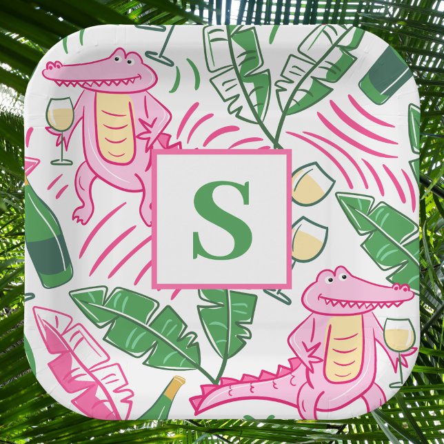 Preppy Pink Alligator Monogram / Wine Lover Paper Plates (Creator Uploaded)