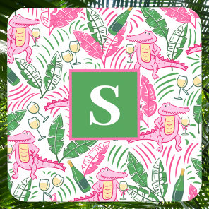 Preppy Pink Alligator Monogram / Wine Palm Leaves Beverage Coaster