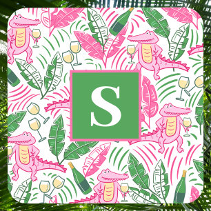 Preppy Pink Alligator Monogram / Wine Palm Leaves Beverage Coaster