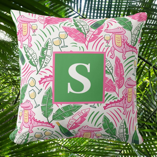 Preppy Pink Alligator Monogram / Wine Palm Leaves  Throw Pillow (Creator Uploaded)