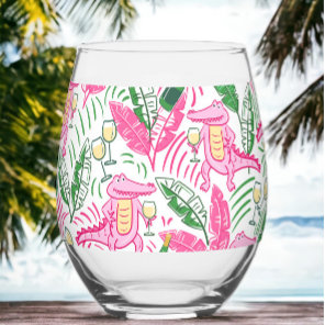 Preppy Pink Alligator Wine Bottles & Palm Leaves Stemless Wine Glass