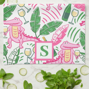 Preppy Pink Alligator Wine Green Monogram Kitchen Towel