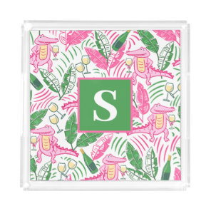 Preppy Pink Alligator Wine Monogram / Chic  Acrylic Tray