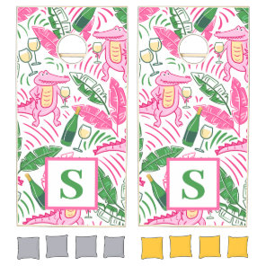 Preppy Pink Alligator Wine Monogram Cornhole Set