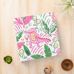 Preppy Pink Alligator Wine / Palm Leaves Chic 3 Ring Binder