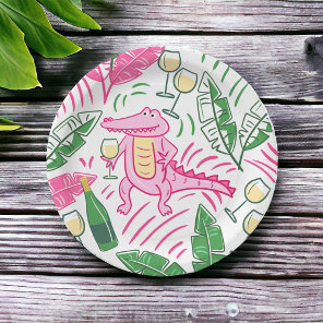 Preppy Pink Alligator Wine Palm Leaves Paper Plates