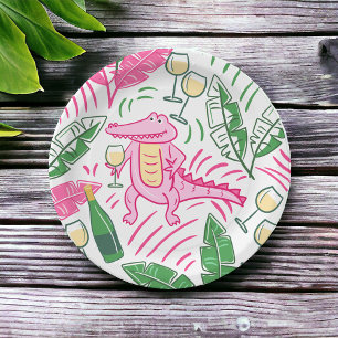 Preppy Pink Alligator Wine Palm Leaves Paper Plates