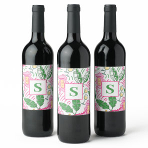 Preppy Pink Alligator Wine Pattern Monogram  Label